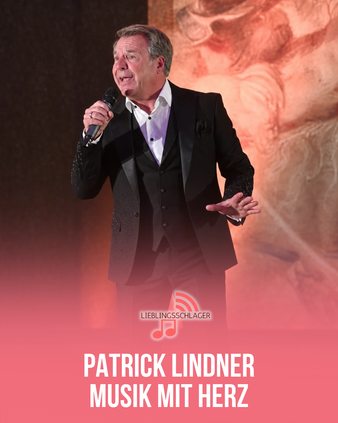 Lieblingsschlager-Grafik: Patrick Lindner singt mit Mikrofon auf einer Bühne