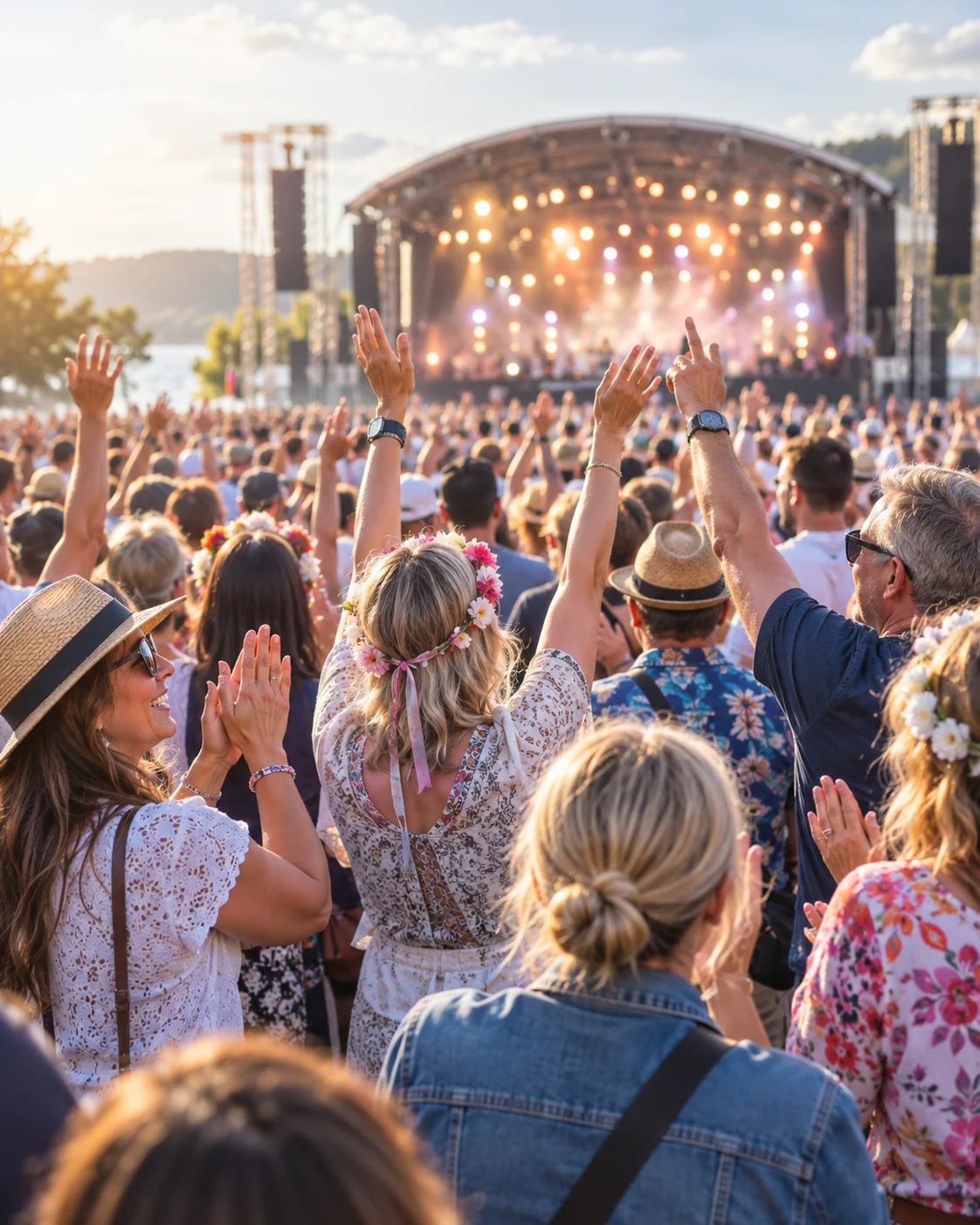 Begeistertes Publikum bei einem Open-Air-Konzert mit Blick zur beleuchteten Bühne