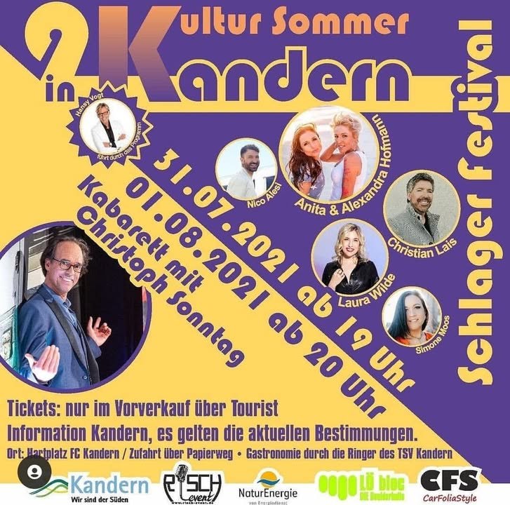 Am Samstag ist es soweit! In Kandern bei Freiburg startet der Kultursommer mit ganz vielen bekannten Künstlern aus Funk und Fernsehen.