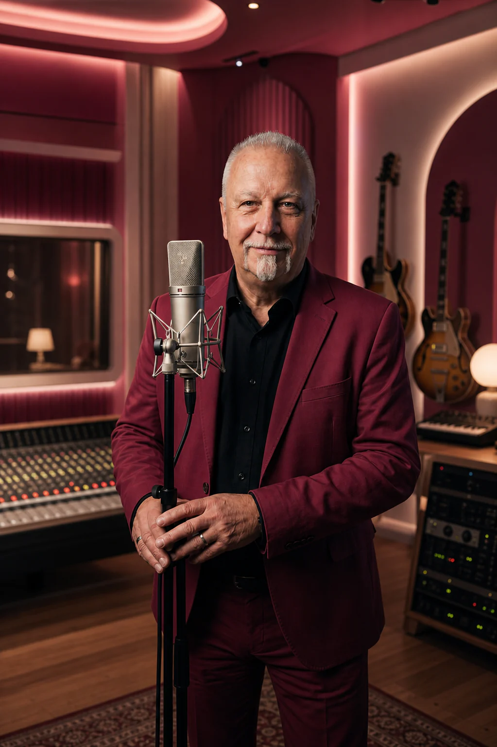 Mikel Marz im weinroten Anzug am Studiomikrofon vor roséfarbenem Musikstudio