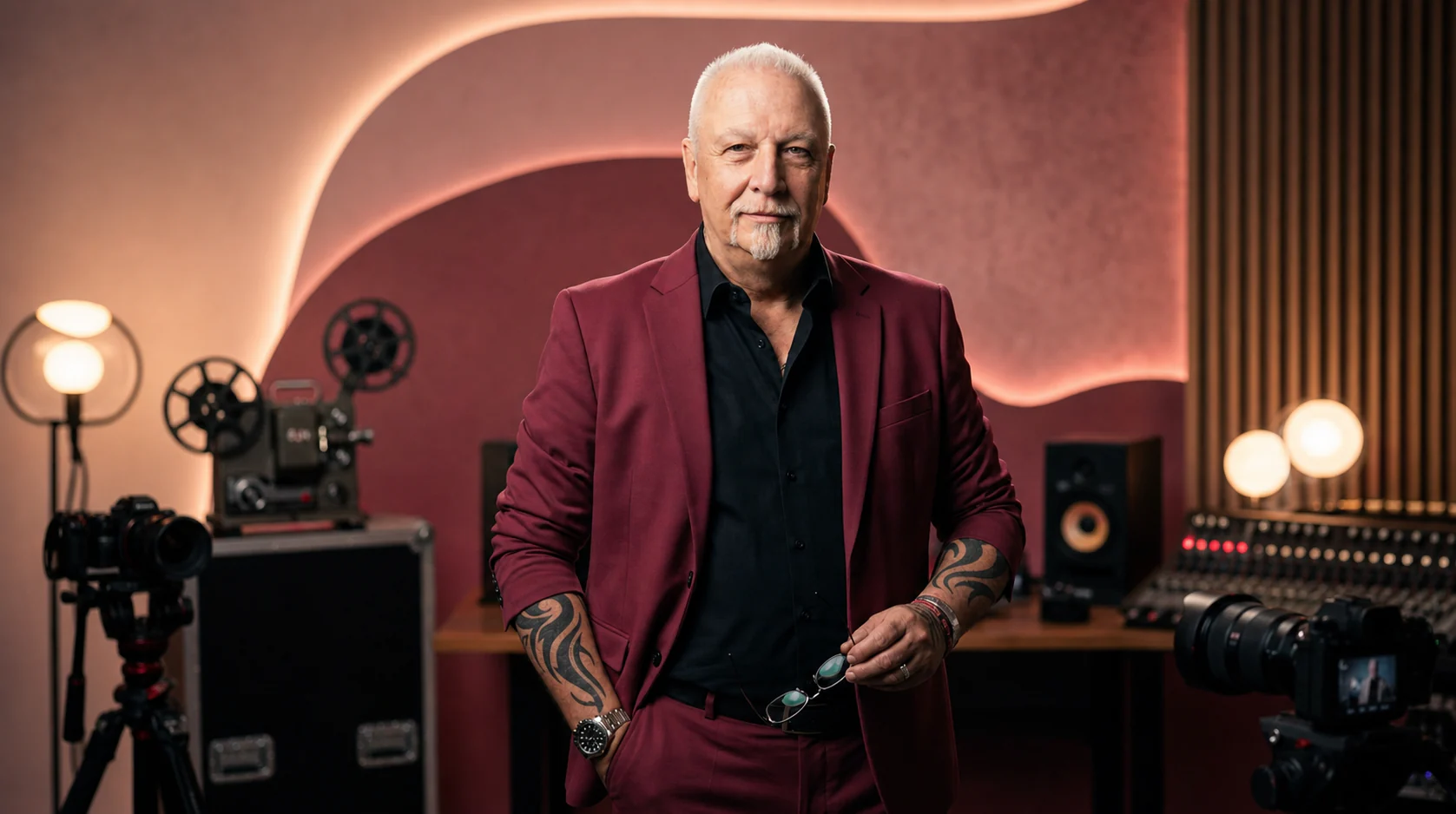 Mikel Marz im weinroten Anzug in einem modernen Musik- und Medienstudio