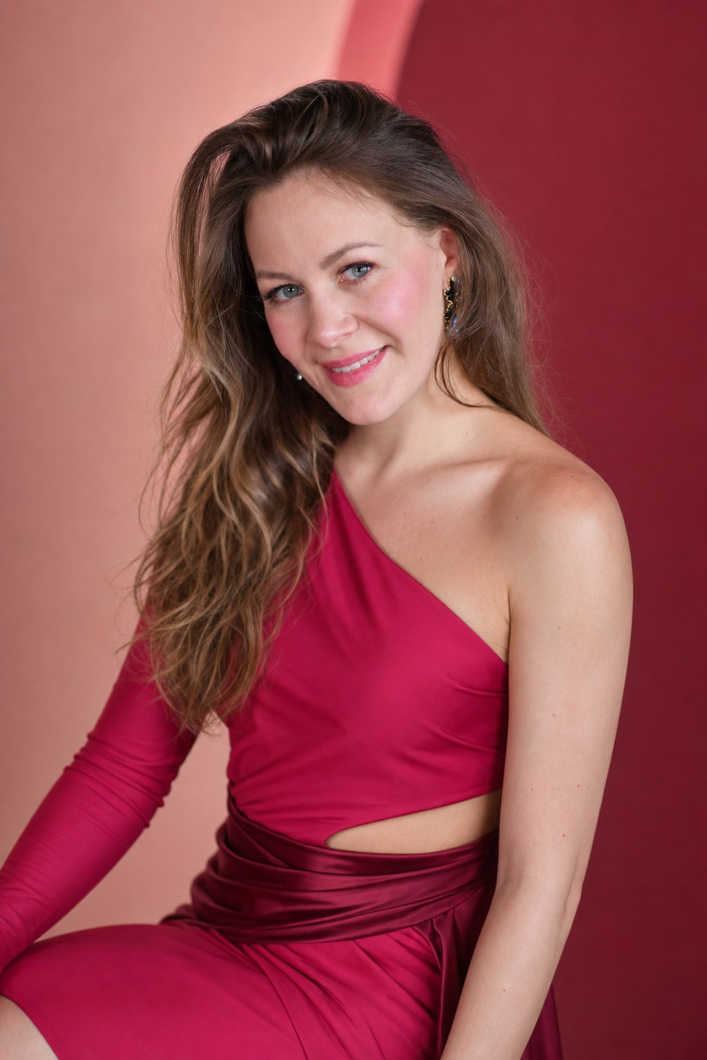 Sabrina Westwind im himbeerfarbenen Bühnenoutfit vor modernem Lieblingsschlager-Studiohintergrund