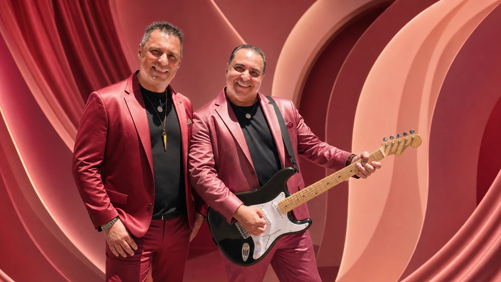 Salvatore und Rosario gemeinsam mit Gitarre vor roséfarbenem Studiohintergrund