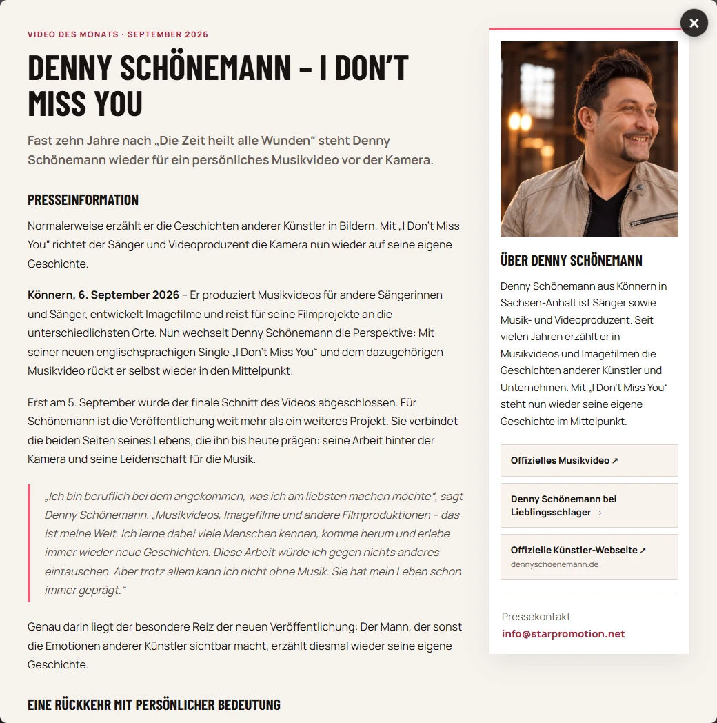 Screenshot des bestehenden Denny-Schönemann-Beitrags: Musikvideo, Presseinformation und Künstlerporträt